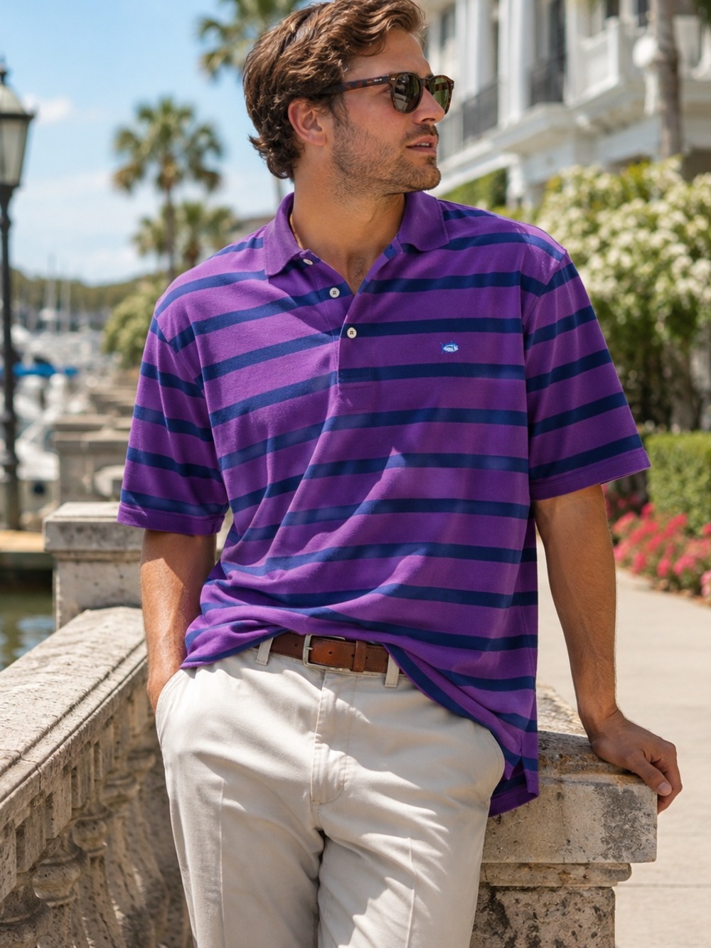 Southern Tide Skipjack XXL Purple Navy Striped Cotton Pique Polo Shir